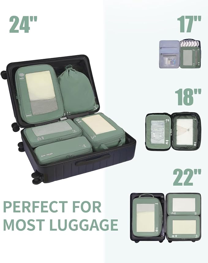 ECOHUB 5 Set Compression Packing Cubes for Suitcases Organizer Bags Set Travel Essentials with Shoe Bags for Travel Tear-resistant Travel Accessories with ID Tag Expandable Packing Bags (Green)