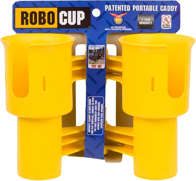 ROBOCUP, (Yellow), Patented Clamp On Boat Cup Holder |Multifunction Dual Drink Caddy for Fishing Poles, Tools, Net, Gaff |Portable Storage for Boating, Beach, Umbrellas, Golf Carts, Strollers