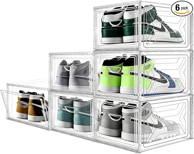 6-Pack Shoes Organizer Box, Clear Stackable Baseball Caps Holder with Secure Buckle-Door,Hat Rack Display Case,Durable and Hard PP Material Storage Box for Caps, Hats,Shoes and Accessories