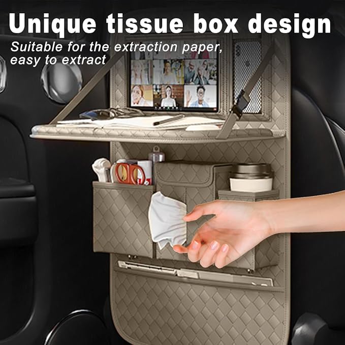 XDV Car Seat Organizers, Multi-functional Back Seat Protectors, Storage Pouches, and Tray Holders (for Cars, Kids, Seat Back and Rear Seats) (Woven Beige, 2 Pcs)
