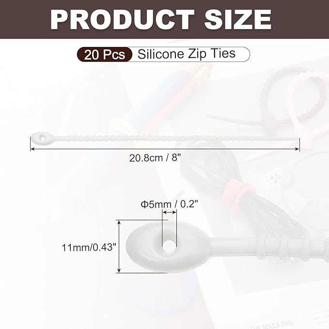 PATIKIL 8 Inch Silicone Cable Ties, 20pcs Rubber Reusable Twist Zip Ties Organizer for Home Office Kitchen Food bags Wires Adjustable Bag Clip, Grey