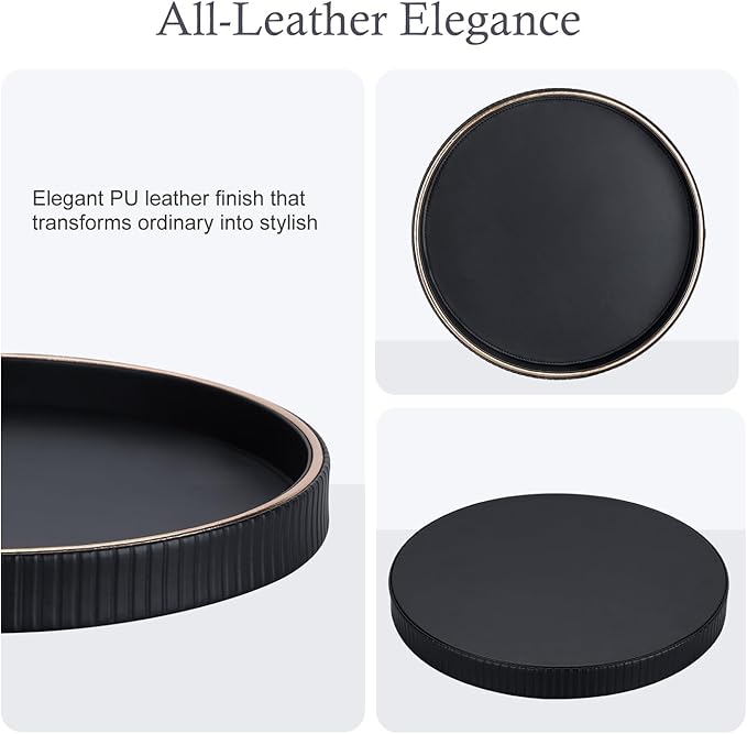 GORESE Decorative Tray for Home Decor, 12" Round PU Leather Coffee Table Tray Table Centerpiece for Living Room, Dresser, Vanity, Valet Tray Nightstand Organizer for Trinket Perfume Key, Black