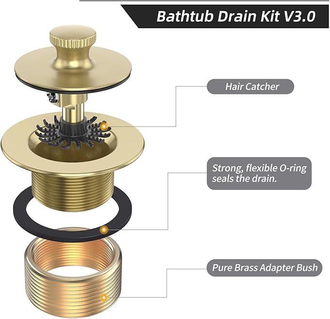 Brushed Gold Bathtub Drain Bath Tub Trim Set Conversion Kit Assembly, All Brass Lift and Turn Twist Tub Drains Replacement Trim Kit with Two-Hole Overflow Faceplate