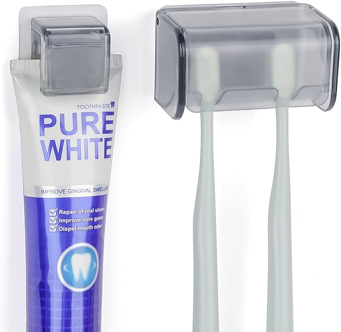 Toothbrush Holder Wall Mounted with Cover for Bathroom, 2 Slots Toothbrush Storage Organizer for Shower, Self Adhesive Toothbrush Hanger with Toothpaste Clip