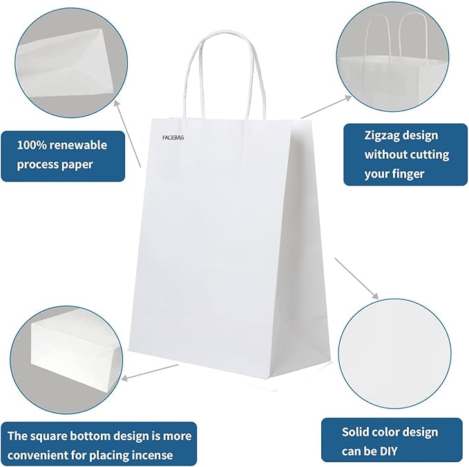 FACEBAG 50 PCS White Paper Bags with Handles Bulk, 8x4.25x10.5 Inches,Medium-sized White Gift Bags with Handles for Party Favors, Take-Out, Grocery Shopping & Retail, Reusable & Durable