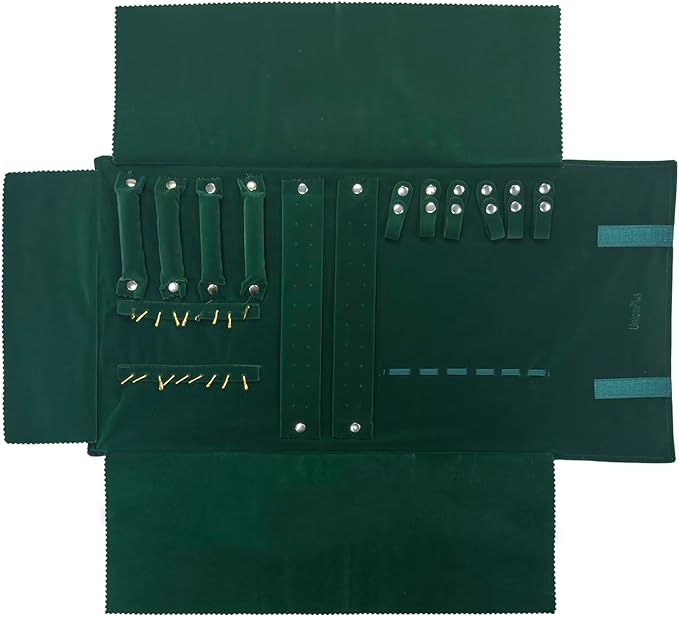 UnionPlus Velvet Travel Jewelry Case Roll Bag for Necklaces Brackets, Great Jewelry Organizer for Travel, Multi Jewelry Organizer, Blackish Green