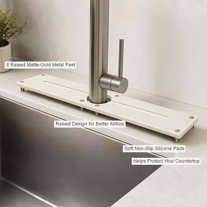 Stone Faucet Mat for Kitchen Sink, Water Absorbing Sink Tray Organizer for Bathroom Counter, Diatomite Soap Dish Coaster Caddy Riser, Sponge Holder Dispenser Mat, Gold White 23.6" x 4"