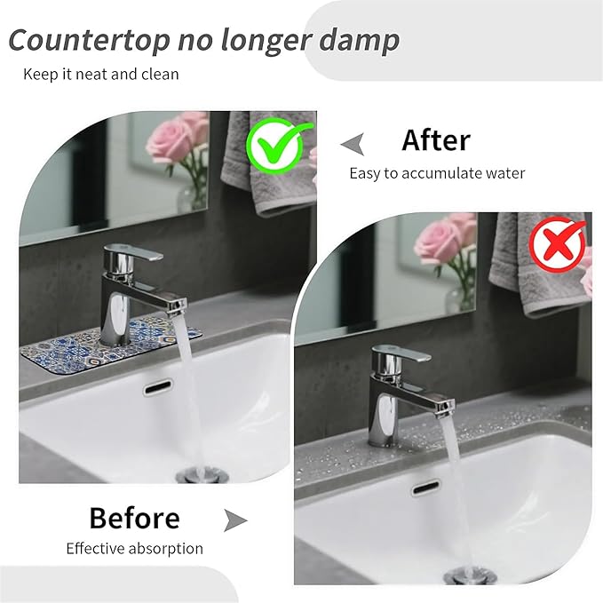 Kitchen Sink Splash Guard，Traditional Moroccan tiles Faucet Mat Sink Gadgets-Super Absorbent Fast Drying Mat Drip Catcher for Kitchen, Bathroom,Sink Mat, Dish Drying Mat, Bathroom(15" X 5.5" )