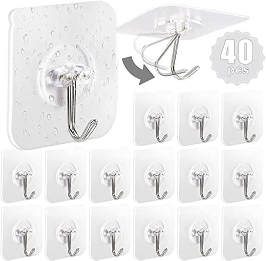 AROIC Adhesive Hooks for Hanging, 40 Packs Hook Heavy Duty Self Adhesive Wall Hooks 20 lbs / 9 kg (Max), Removable, Waterproof Hook for Bedroom Kitchen Bathroom