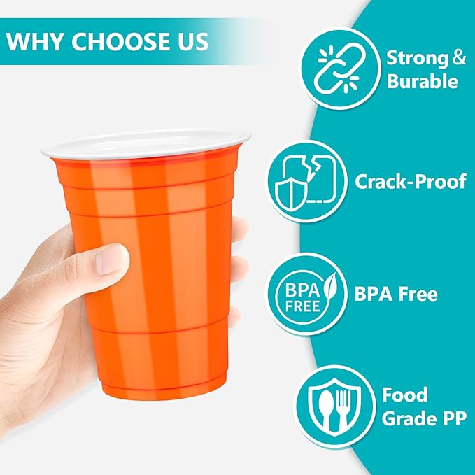 LANLISA 100 Orange Plastic Cups, 16 oz Disposable Cups, Drinking Cups For Halloween, Thanksgiving, Harvest, Fall Party Supplies