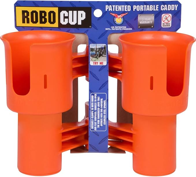 ROBOCUP, (Orange), Patented Clamp On Boat Cup Holder |Multifunction Dual Drink Caddy for Fishing Poles, Tools, Net, Gaff |Portable Storage for Boating, Beach, Umbrellas, Golf Carts, Strollers