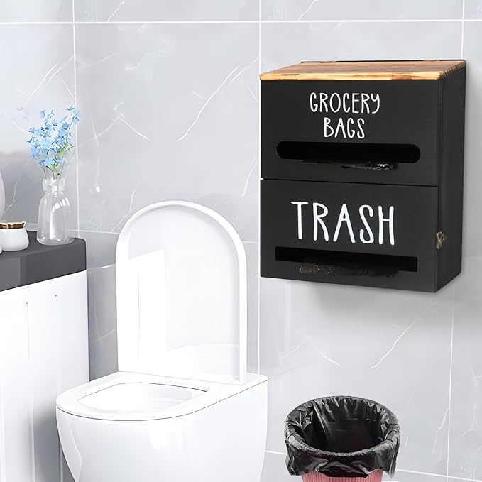 2-in-1 Trash Bag Dispenser, Double Wall-Mounted, Wood Trash Bag Holder, for kitchen, garage, laundry room, can store eco-friendly food bags and trash bags (Black)