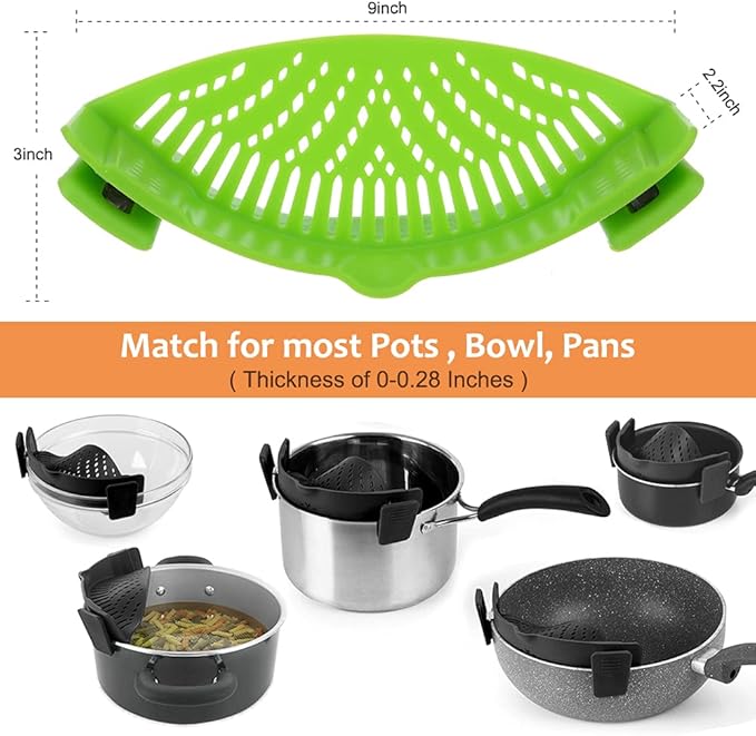 YEVIOR Clip on Strainer for Pots Pan Pasta Strainer, Silicone Food Strainer Hands-Free Pan Strainer, Clip-on Kitchen Food Strainer for Spaghetti, Pasta, Ground Beef Fits All Bowls and Pots (2P)