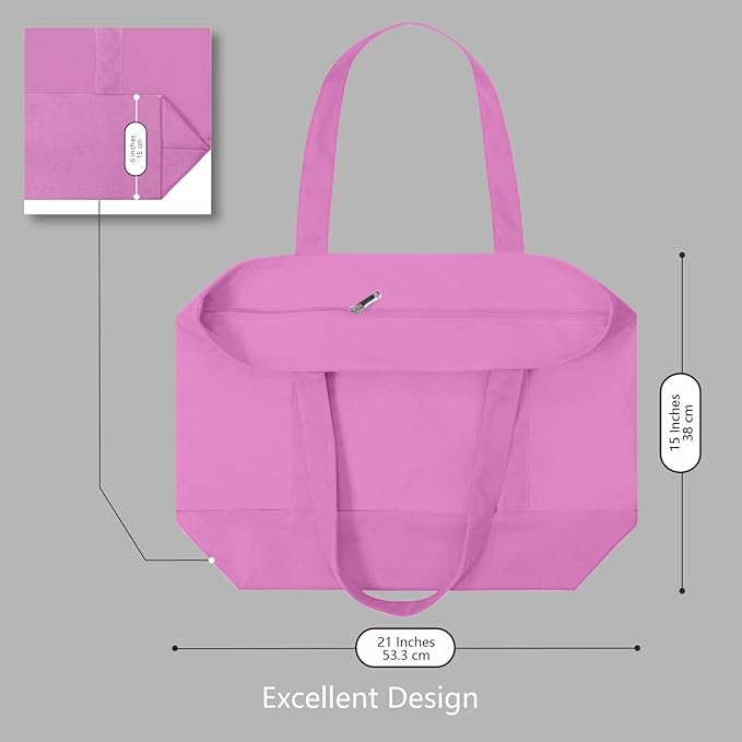 TOPDesign 6-Pack Canvas Tote Bags with an External Pocket, Reusable Grocery Shopping Bags, Top Zipper Closure, Daily Essentials (Light Purple)