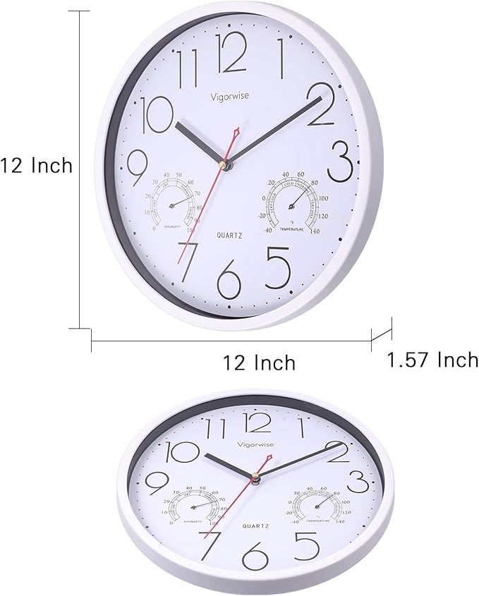 Wall Clock, Sweep Silent Movement Accurate Clocks with Temperature & Humidity, Decorative for Kitchen/Living Room/Bedroom/Office/School/Classroom (White, 12 inch)