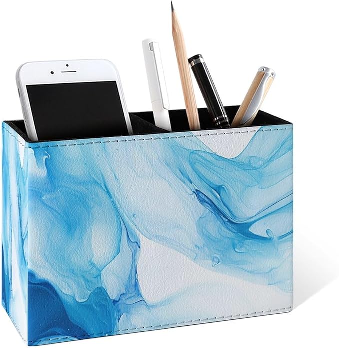 Famame Blue Liquid Abstract Pencil Holder for Desk, Leather Desktop Container Pen Cup Storage Study Table Pen Organizer Makeup Brush Holder for Classroom Office Home