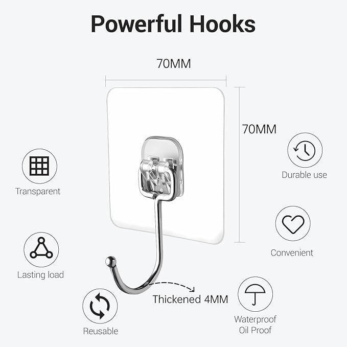 Large Adhesive Hooks, 18 Pack Hold 44lb(Max) Heavy-Duty Sticky Hooks,Waterproof & Rustproof Wall Hook for Hanging Can be Use Kitchen Bathroom Outdoor Ceiling Office, Transparent