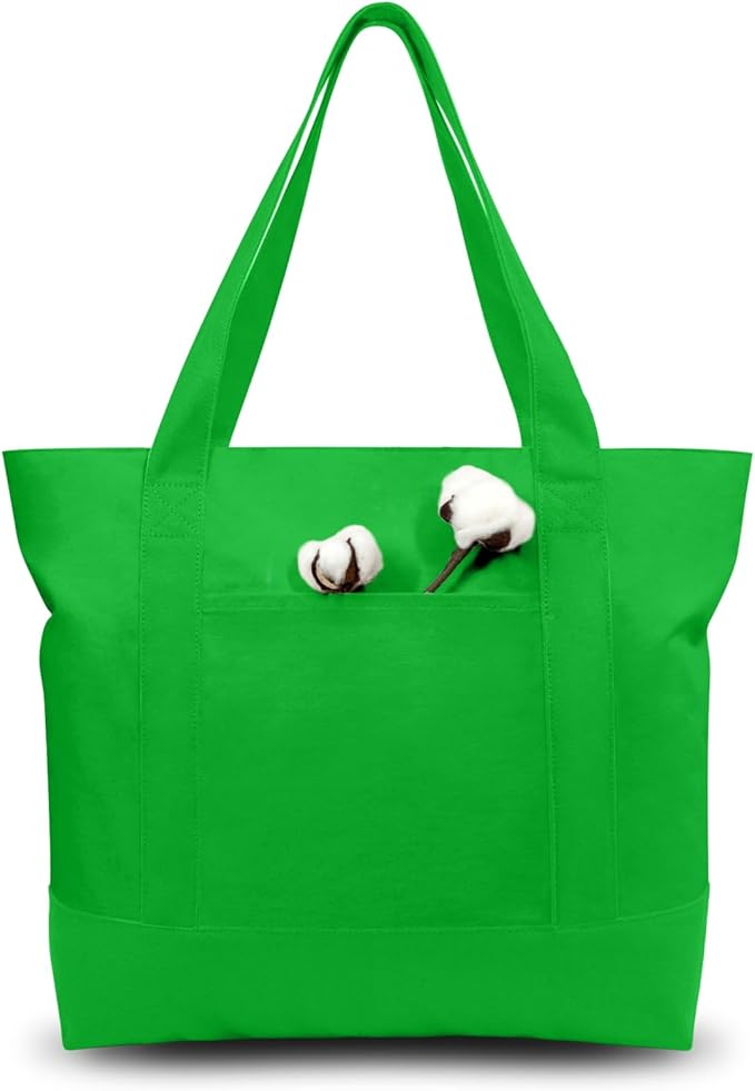 TOPDesign 3-Pack Canvas Tote Bags with an External Pocket, Reusable Grocery Shopping Bags, Top Zipper Closure, Daily Essentials (Lime Green)