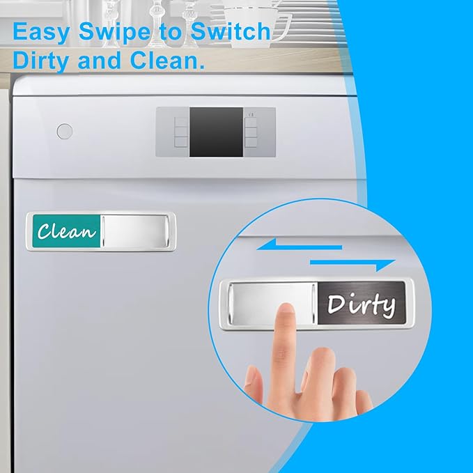 Dishwasher Magnet Clean Dirty Sign, Slide Strong Clean and Dirty Magnet Indicator for Dishwasher, Non-Scratch, Easy to Read, Self-Adhesive Stickers for Non-Magnetic Dishwasher（Grey Teal）