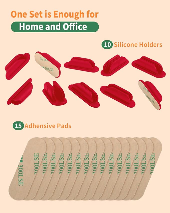 Adhesive Pencil Holders for Desk Set of 10 - Silicone Pen Holder with 15 PCS Upgraded Adhesive Pads - Flexible Pencil Holder for Walls Clipboards, Office Essentials Accessories Teacher Supplies