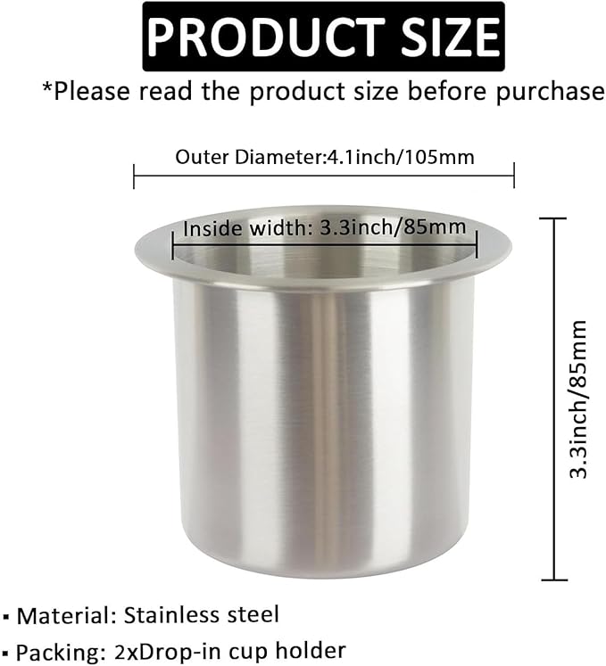 2Pcs Drop-in Cup Holder,304 Stainless Steel Automotive Cup Holders,Silver Poker Table Drink Holder Dining Table Cinema Sofa Yacht Boats Cars Touring RV Car Drop-in Drink Cup Holder