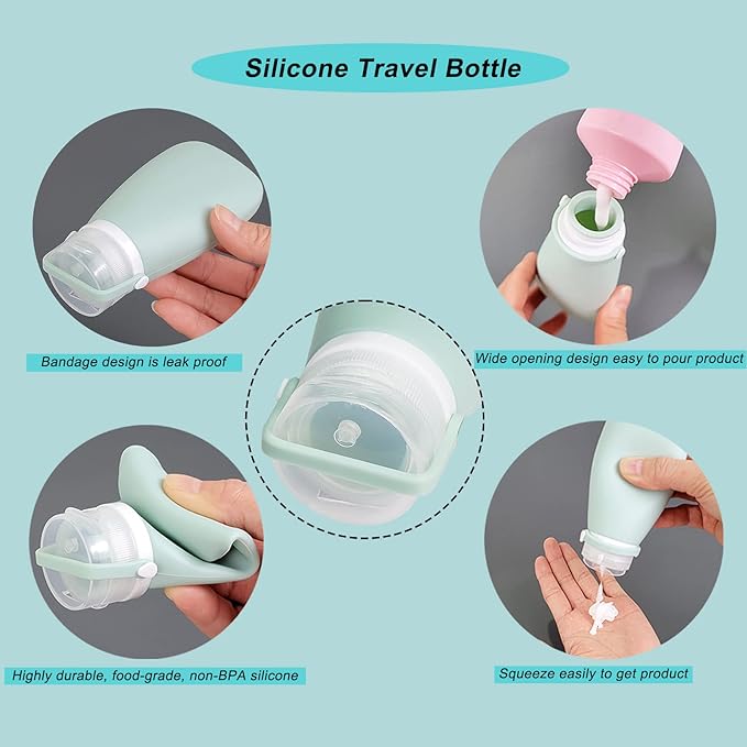 18 Pcs Travel Bottles for Toiletries Gym TSA Approved, Leak Proof with Bandage Silicone Squeezable 3oz for Toner Shampoo Conditioner Lotion Body Wash with Toothbrush Cover Tag and Wash Bag