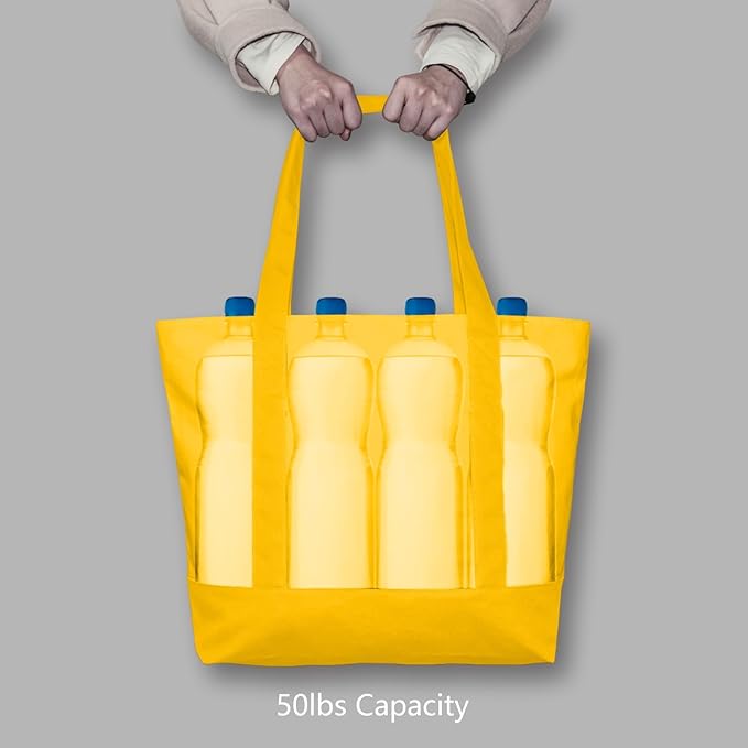 TOPDesign 6-Pack Canvas Tote Bags with an External Pocket, Reusable Grocery Shopping Bags, Top Zipper Closure, Daily Essentials (Yellow)