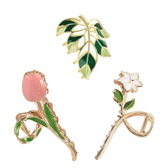 3-Piece Flower Metal Hair Accessories: Pink Tulip Floral Hair Claw, Elegant Lily Barrettes, Cute Leaves Hair Clips for Thin/Medium Thick Hair with Strong Hold and Non-Slip Design
