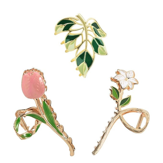 3-Piece Flower Metal Hair Accessories: Pink Tulip Floral Hair Claw, Elegant Lily Barrettes, Cute Leaves Hair Clips for Thin/Medium Thick Hair with Strong Hold and Non-Slip Design