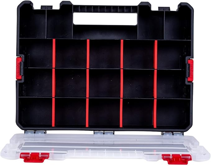 Small Parts Organizer Box – Stackable Hardware Storage Case with 20 Compartments & 12 Dividers – Heavy-Duty Nylon Screw, Drill Bit, Nut & Bolt Organizer for Garage, Toolbox, Workshop