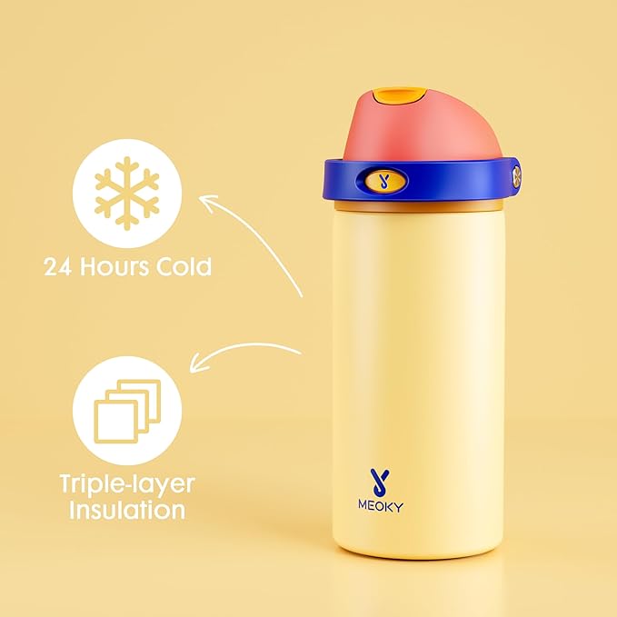 18 oz Kids Water Bottle for School: Meoky 18 oz Stainless Steel Insulated Water Bottle with 2-in-1 Straw and Spout Lid - Leak Proof, Fits in Car Cup Holder, BPA-Free for Boys Girls, Misty Horizon