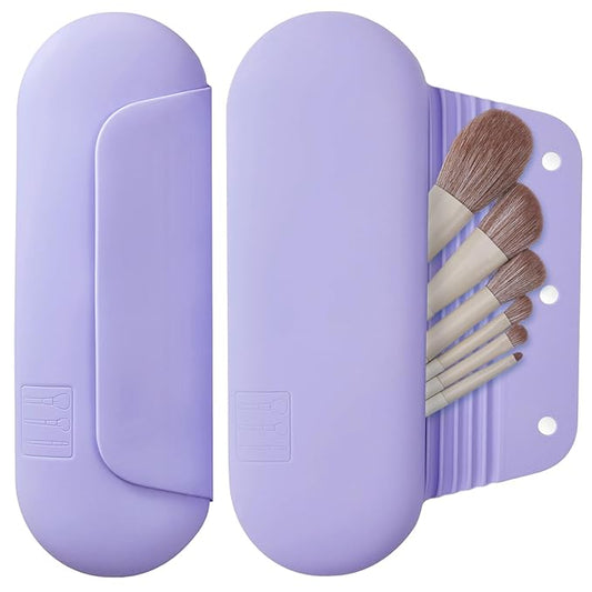 AGIKET Silicone Makeup Brush Holder Travel Cosmetic Bag: Soft Portable Cosmetic Face Brushes Holder with Upgrade Anti-Fall Out Magnetic Closure, Large Travel Makeup Brush Case - Lavender