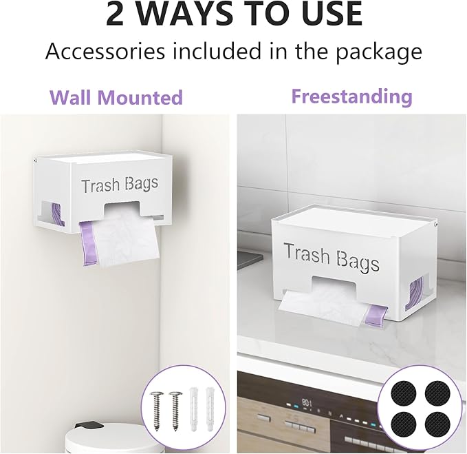 Extra Large Trash Bag Holder Dispenser, Metal Garbage Bag Dispenser Roll Holder, Trash Storage Organizer for Kitchen Laundry Room Under Sink, Wall Mounted or Freestanding, White