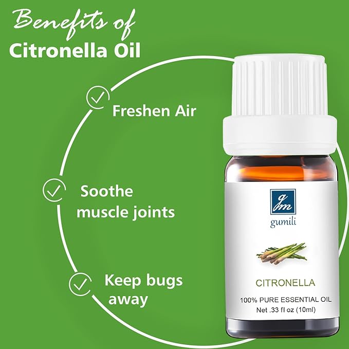 Citronella Essential Oil - 100% Pure Organic Oil for Diffuser, Spray, Candle Making & Skin Care - 10mL Glass Bottle