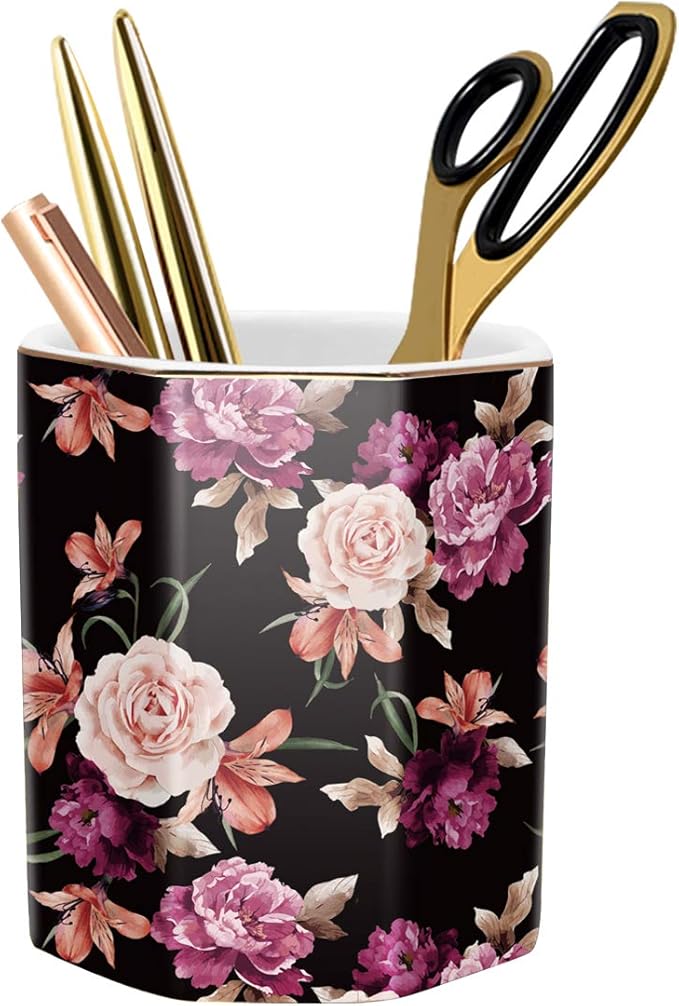WAVEYU Pen Holder, Pencil Holder for Desk Floral Pattern Pencil Cup for Girls Kids Durable Ceramic Desk Organizer Makeup Brush Holder for Office, Classroom, Home, Black Flower