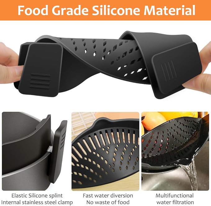 YEVIOR Clip on Strainer for Pots Pan Pasta Strainer, Silicone Food Strainer Hands-Free Pan Strainer, Clip-on Kitchen Food Strainer for Spaghetti, Pasta, Ground Beef Fits All Bowls and Pots (Black)