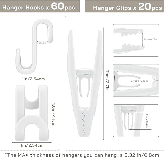 Tinfol White 60pc Clothes Hanger Connector Hooks and 20pc Hanger Clips, Stackable Space Saving Hook - Hangers Finger Clips, Hangers Organizer Accessories for Closet Organizers