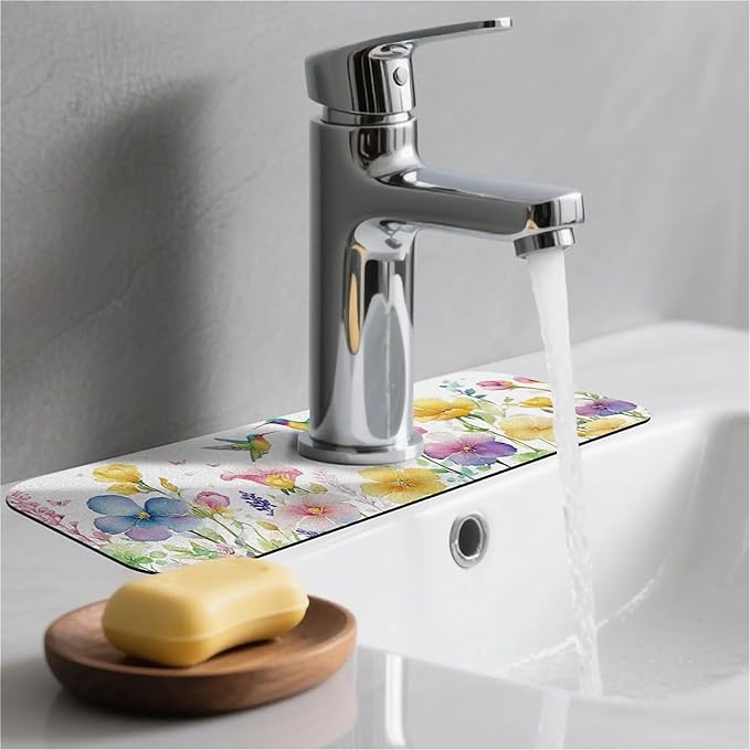 Kitchen Sink Splash Guard，Spring-flowers with hummingbirds Faucet Mat Sink Gadgets-Super Absorbent Fast Drying Mat Drip Catcher for Kitchen, Bathroom,Sink Mat, Dish Drying Mat, Bathroom(15" X 5.5" )