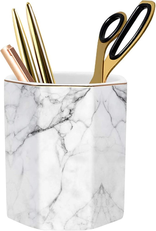 WAVEYU Pen Holder, Stand for Desk Pencil Cup for Girls Kids Durable Ceramic Desk Organizer Makeup Brush Holder for Office, Classroom, Home, White Marble