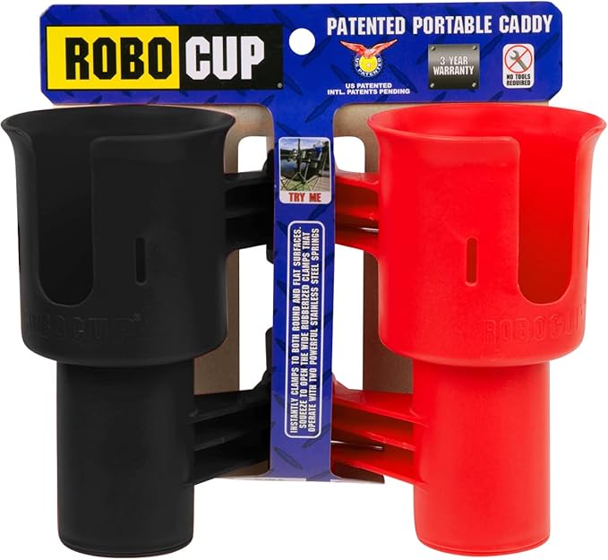 ROBOCUP, (Red & Black), Patented Clamp On Boat Cup Holder | Multifunction Dual Drink Caddy for Fishing Poles, Tools, Net, Gaff | Portable Storage for Boating, Beach, Umbrellas, Golf Carts, Strollers