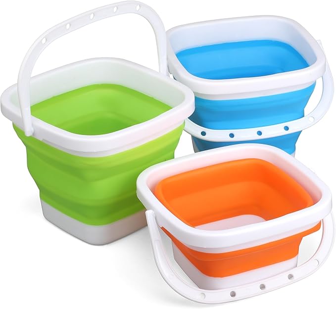 3PCS Collapsible Beach Bucket Sandbox Kit Building Toys for Kid, Small Pail for Washing Camping Fishing, Foldable Bucket Sand Pail Water Can for Garden Planting, Traveling, Beach Summer Toys Fun