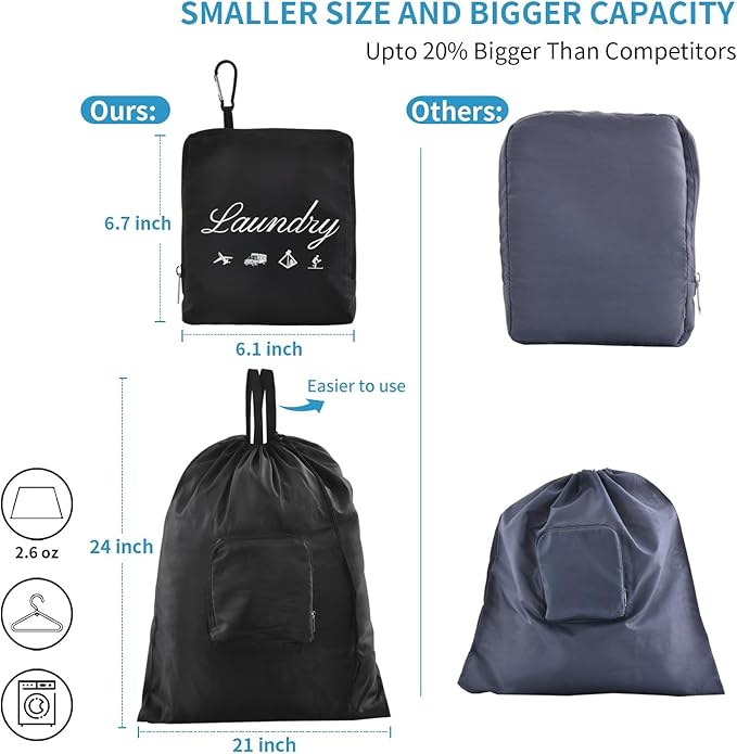 2 Pcs Travel Laundry Bag, JHX Dirty Clothes Bag 【Upgraded】 with Handles and Aluminum Carabiner, Collapsible Laundry Bag for Travel, Camp, Fitness, and Students（Black） 24"L x 21"W
