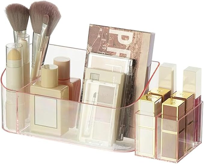 SUNFICON Makeup Holder Tray Organizer Cosmetic Display Case Tabletop Desktop Vanity Countertop Bathroom Wall Cabinet Medicine Storage Box 9 Dividers 2 Removable for Womens Ladies Girls Crystal Pink