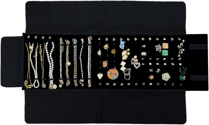 UnionPlus Velvet Jewelry Case Roll Bag for Necklace Bracelets, Extra Large with Elastic Band for Necklaces, Great Jewelry Organizer for Travel (Black - Multi)