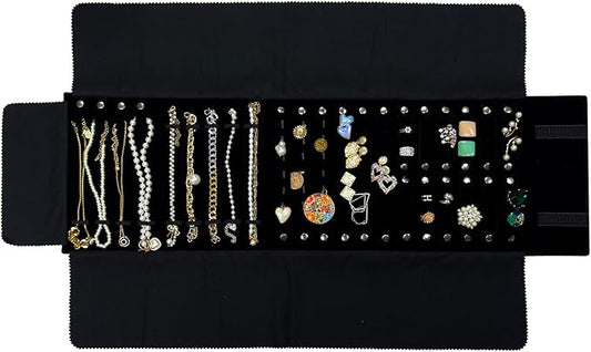 UnionPlus Velvet Jewelry Case Roll Bag for Necklace Bracelets, Extra Large with Elastic Band for Necklaces, Great Jewelry Organizer for Travel (Black - Multi)