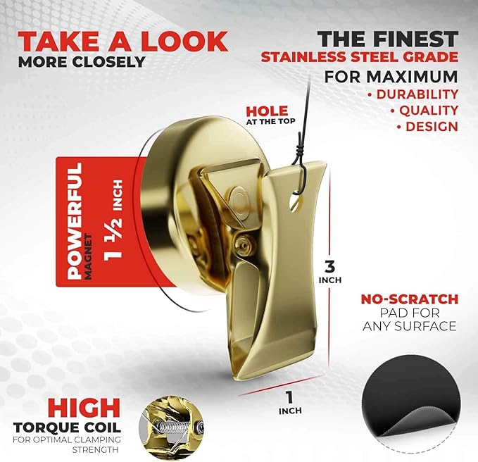 Force Magnet- Magnetic Clips Pack of 10 - Premium Quality Super Strength Magnet Clips with Anti Scratch Pads - Make Notes, Remember Appointments and Hang Keys on Metal Surfaces-Heavy Duty (Gold)