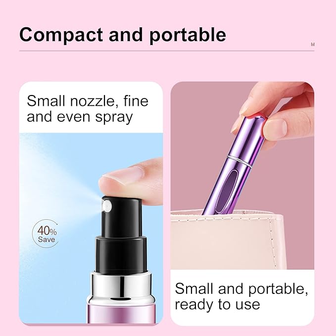 Portable Mini Perfume Atomizer Bottle, Refillable Spray, Scent Pump Case, Travel Atomizer (5ml, 5 Pack) (Purple, Blue, Green, Rose Red, Silver)