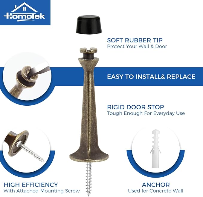 HOMOTEK 30Pack Heavy Duty Solid Rigid Door Stop with Soft Rubber Tip, Zinc Die Cast Door Stopper Protect Wall & Door,Antique Brass
