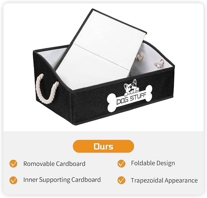 Collapsible Fabric Dog Toy Box and Storage Bin With Handle - Trapezoid Basket Chest Organizer for Pet Toys, Blankets and Accessories, Black