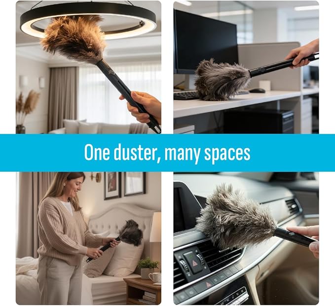 Retractable Feather Duster 8-14 in Adjustable - Natural Ostrich Feather Duster for Cleaning Ceiling Fans, Blinds, Plantation Shutters, Walls & Furniture - Quality Checked in USA - 1 Pack